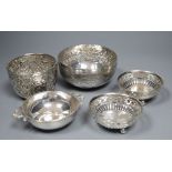 A Persian white metal bowl, a Victorian silver sugar bowl, pair of small silver nut dishes and a