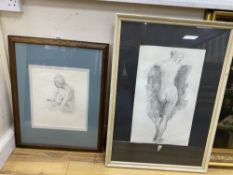 Betty Swanwick RA (1915-1989), pencil drawing, seated nude and a similar drawing by another hand,