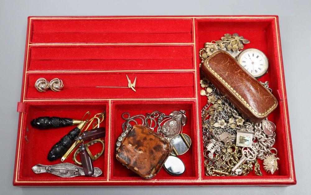 A group of assorted jewellery, including, seed pearl stick pin, 9ct and pastes ring, costume, silver - Image 3 of 4