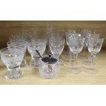 A collection of cut and moulded drinking glassware, including seven slab based rummers