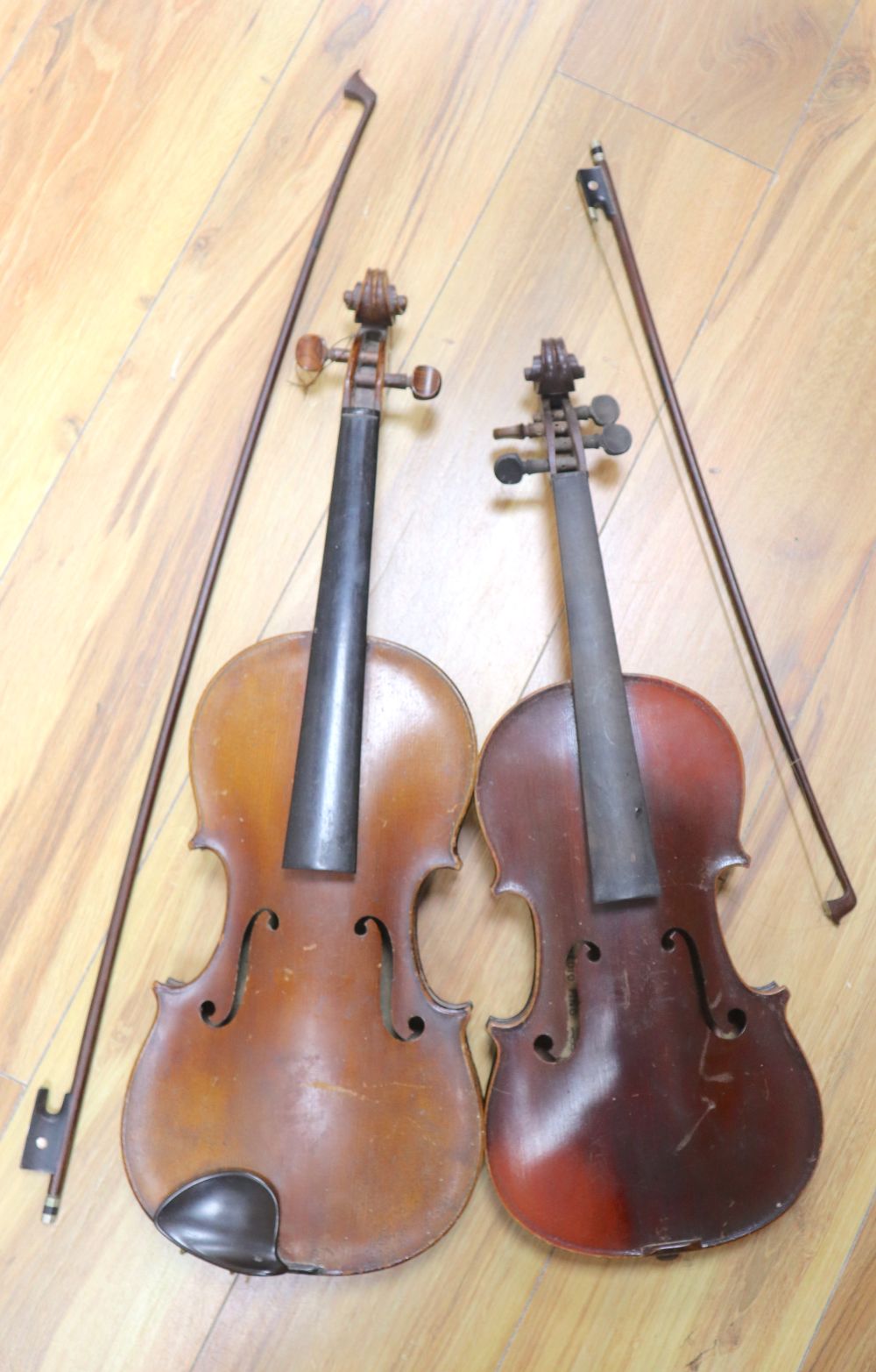 A J. Thibouville-Lamy labelled violin, another and two bows - Image 2 of 3