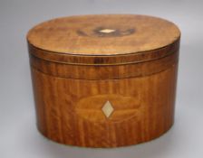 An 18th century oval inlaid satinwood lidded box, detachable cover, width 17cm