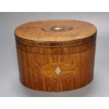 An 18th century oval inlaid satinwood lidded box, detachable cover, width 17cm