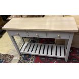 A modern beech topped hall table, the grey painted base fitted three drawers, width 110cm depth 35cm