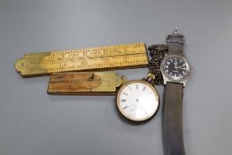 Two folding rules, a pocket watch and a CWC wrist watch