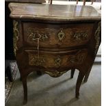 A serpentine Louis XV-style marble top marquetry chest, width 69cm, depth 38cm, height 81cm