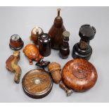 Thirteen carved wood novelties, including a rook-shape chess prize, 8cm