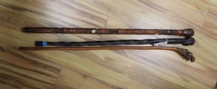 A Japanese Shibayama-style walking cane and two others, longest 90cm