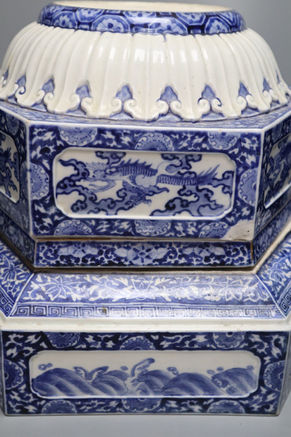 Two Japanese blue and white Arita porcelain hexagonal plinth bases, c.1900, largest 41cm wide - Bild 4 aus 9