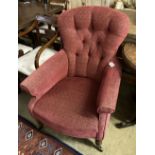 A Victorian red dralon upholstered buttoned back nursing chair, width 74cm, depth 80cm, height 94cm