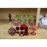 A Bohemian ruby flash glass decanter and stopper, cranberry glass, including a pair of tazzas, a