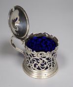 A Victorian pierced silver drum mustard, John & George Angell, London, 1846, with blue glass
