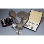 A cased set of six silver coffee spoons, silver mounted dressing table items etc.