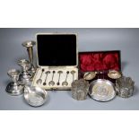 Sundry silver items, including a modern sterling pap boat, a pair of dwarf pillar candlesticks, a