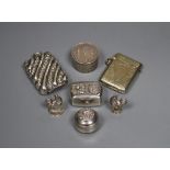 A 'rupee' box, two silver miniature cockerels and plated vestas, etc.