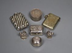 A 'rupee' box, two silver miniature cockerels and plated vestas, etc.