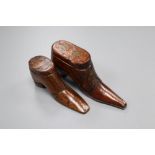 A 19th century mahogany snuff 'shoe' and a model shoe, largest 10cm