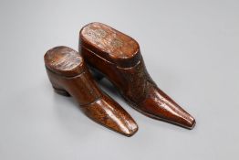 A 19th century mahogany snuff 'shoe' and a model shoe, largest 10cm