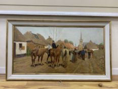 Rossini after F Van Leemputten, oil on board, Farmers going to market, signed, 62 x 120cm