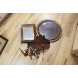 Two treen trays, a Victorian rosewood frame mirror and various smoking pipes and a rack, largest