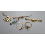 Two yellow metal and gem set rings including 9ct gold, three yellow metal and gem set bar brooches