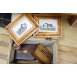 A rosewood sewing box, pine box, two framed sporting prints and treen