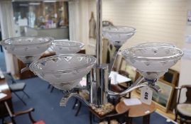 A French Art Deco style chrome plated and frosted glass six light electrolier, height 58cm width