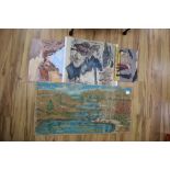 Four Chinese paintings on board, unframed, largest 51 x 121cm