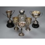 Five assorted small silver trophy cups, all with engraved inscriptions, tallest 12cm, and a silver