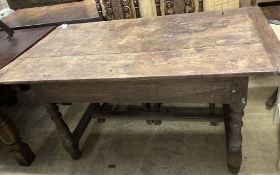 An 18th century and later oak refectory dining table with single drawer, width 81cm, length 152cm,