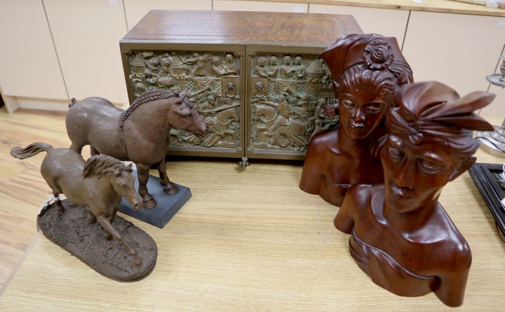 Heredities cold cast bronzes (two horses), oak cabinet, width 41cm with cold cast bronze doors and - Image 3 of 3