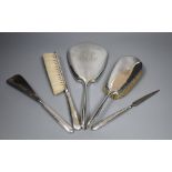 Five sterling mounted dressing table items, including hand mirror, brushes, shoe horn etc.