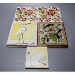 Six Victorian transfer printed ceramic tiles, each 15cm sq. and three painted tiles