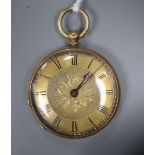 An 18k yellow metal fob watch, with Roman dial, diameter 37mm, gross 32 grams.