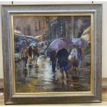 Roger Dellar (Wapping Group), oil on canvas, 'Rain in the Market, Umbria', signed, Mall Gallery
