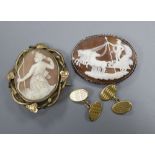 A pair of 18ct gold cufflinks, 7.2 grams and two Victorian cameo brooches.