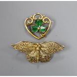 A yellow metal filigree butterfly brooch (tests as 18ct), 5.2g and a 15ct gold, enamel and pearl