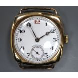 A gentleman's early 1930's 9ct gold Longines manual wind wrist watch, no strap, case diameter 30mm