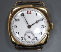 A gentleman's early 1930's 9ct gold Longines manual wind wrist watch, no strap, case diameter 30mm