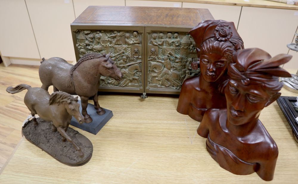 Heredities cold cast bronzes (two horses), oak cabinet, width 41cm with cold cast bronze doors and - Image 2 of 3