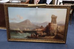 John Cheltenham Wake (fl.1858-1875) oil on canvas, Italianate harbour scene, 76 x 127cm