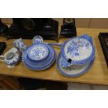 A blue and white Samuel Alcock china, plates, cups and saucers, soup tureen, ladle and dish
