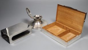 An 800 standard matchbox holder, and cigarette box and a silver capstan inkwell.