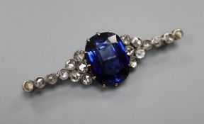 A late Victorian yellow and white metal, synthetic sapphire and rose cut diamond cluster set bar