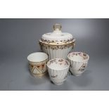 A Derby sugar bowl and cover, c.1795, width 14.5cm, two Newhall type coffee cups and an English