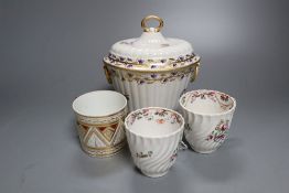 A Derby sugar bowl and cover, c.1795, width 14.5cm, two Newhall type coffee cups and an English