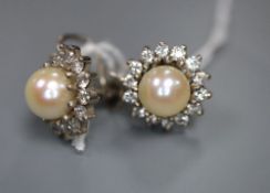 A pair of 18ct white gold, cultured pearl and diamond cluster earrings, post and butterfly fittings,