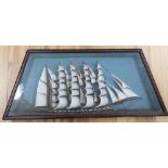 A 19th century diorama five-masted sailing ship in wooden case, overall width 68cm