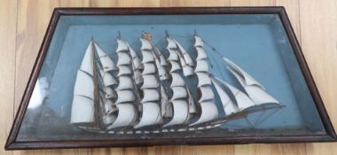 A 19th century diorama five-masted sailing ship in wooden case, overall width 68cm