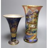 A Carltonware Temple pattern lustre vase and a powder blue trumpet shaped vase, tallest 21cm